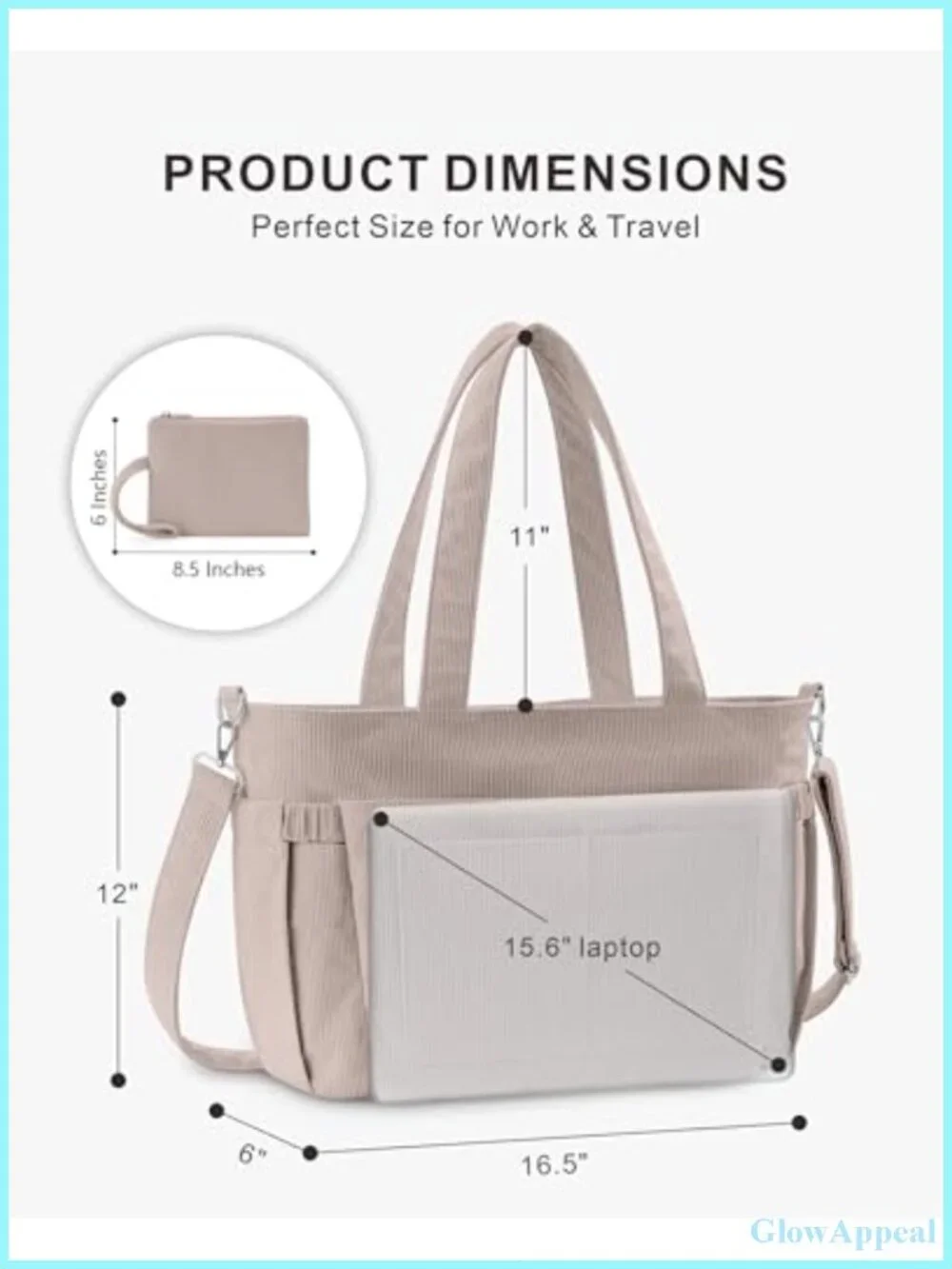 Corduroy Tote Bag with 9 Pockets & 40oz Cup Holder, Laptop Work Purse for